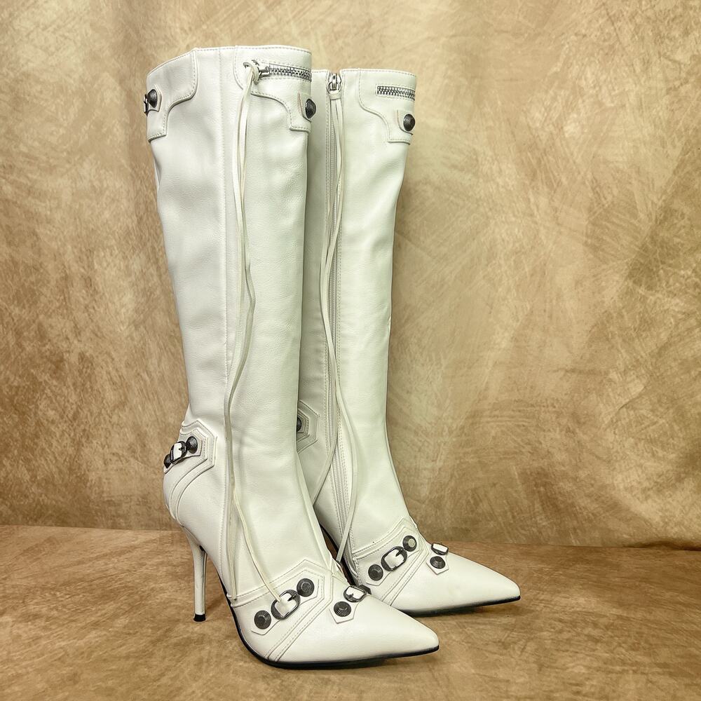 Stiletto Knee High Boots White Faux Leather Fringe Studded Pointed Toe Halloween